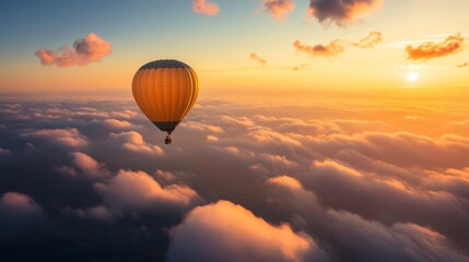 Obraz premium A solo traveler capturing a stunning aerial photograph from a hot air balloon, showcasing the endless horizon and glowing sunrise,