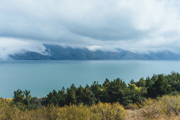 sevan big lake in the mountains windy day in rural armenia