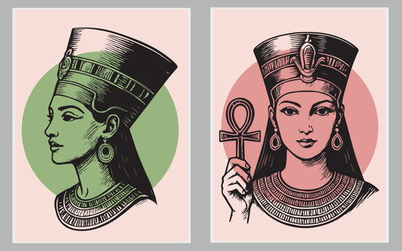 Cleopatra face, Egyptian pharaoh queen, ancient goddess portrait, Egypt woman black hair, gold crown. Mythology character, jewelry necklace old civilization Nefertiti princess. Egypt Cleopatra clipart