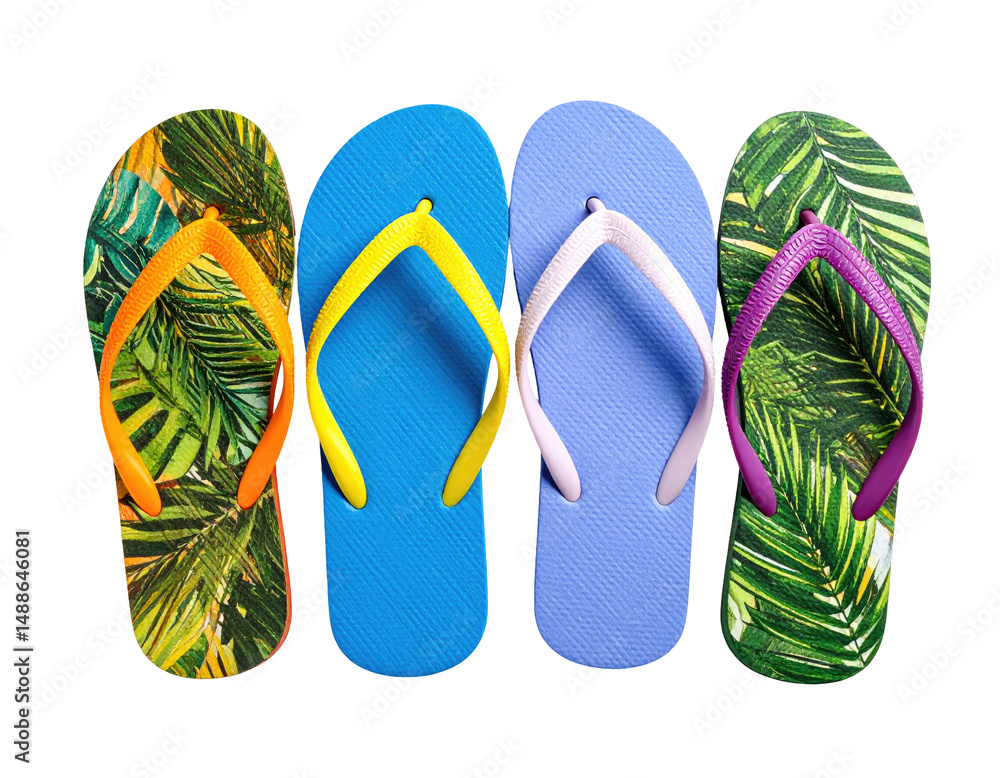 Poster four colorful flip-flops arranged against a transparent black background featuring tropical leaf pat