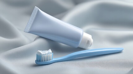 Light blue toothpaste tube and toothbrush on soft fabric