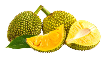 realistic png set of whole and sliced jackfruit isolated on transparent background, tropical exotic fruit with spiky green skin and bright yellow pulp, summer asian fruit collection

