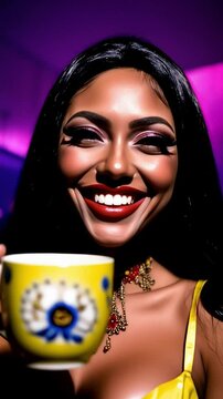 Sonrisa matutina: Mujer nativa americana disfrutando caf&eacute; en cocina moderna