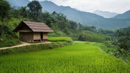 Fototapeta premium A stunning rice terrace landscape with a small wooden hut nestled among the paddies, surrounded by tropical greenery,
