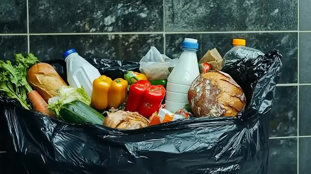 Overflowing trash bag filled with discarded food items and groceries in a kitchen setting
