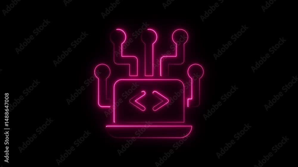Poster glowing neon computer coding and network communication icon on black background