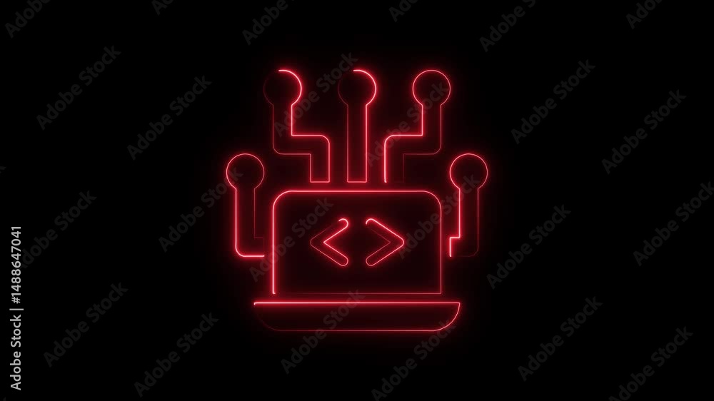 Aufkleber Neon red coding icon on black background illustrating computer programming and technology development