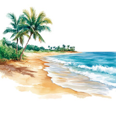 Relaxing Beachfront Scene with Palm Trees and Gentle Waves Coastal Paradise, Watercolor clipart, Isolated on a white background