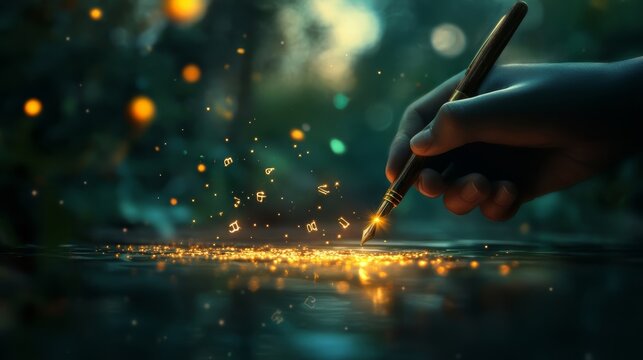 A surreal scene of a writer dipping their pen into a pool of stars, creating words that shine like constellations,