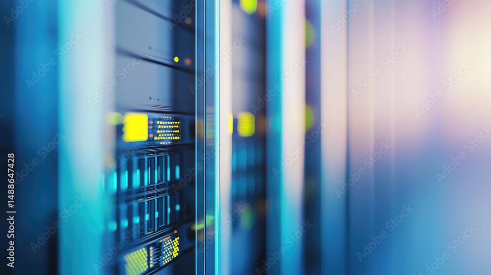 Fototapete 3D render of sleek server racks with glowing yellow and cyan indicators in a soft blue-lit corridor, ideal for cloud computing, AI, data infrastructure, and cybersecurity designs
