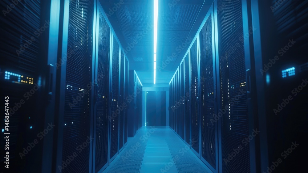 Poster 3D render of a blue-lit data center hallway with rows of server cabinets, ideal for cloud computing, IT infrastructure, network security, and futuristic tech themes