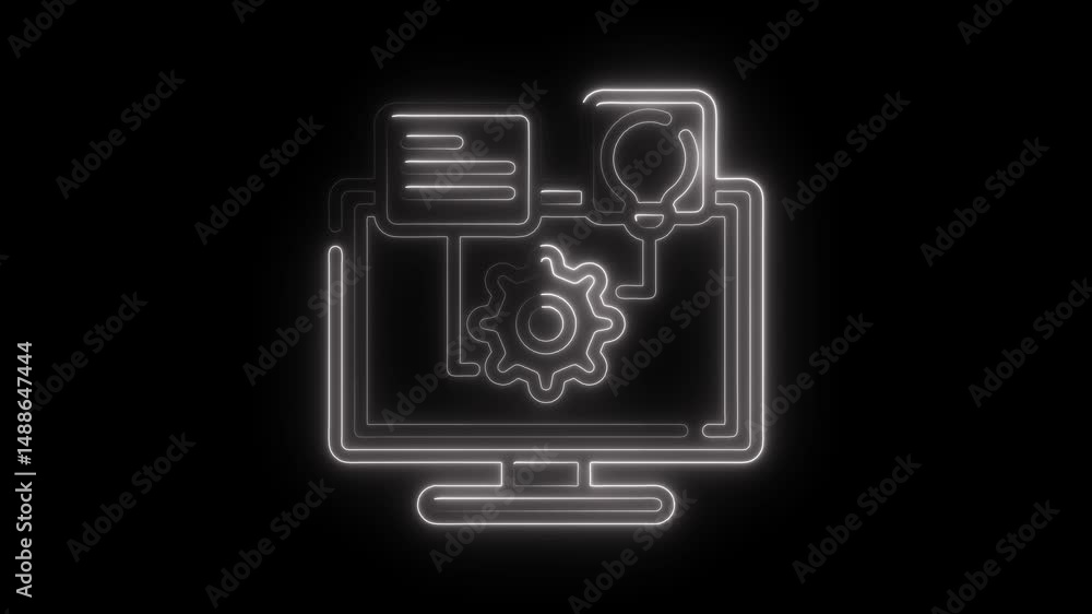 Poster abstract computer technology system icon in illuminated neon style on a dark background