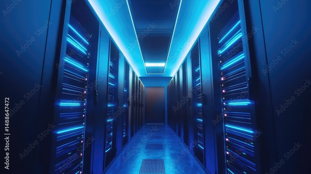 Poster Symmetrical 3D render of glowing server racks in a futuristic blue-lit data center corridor, ideal for cloud computing, tech infrastructure, and cybersecurity visuals