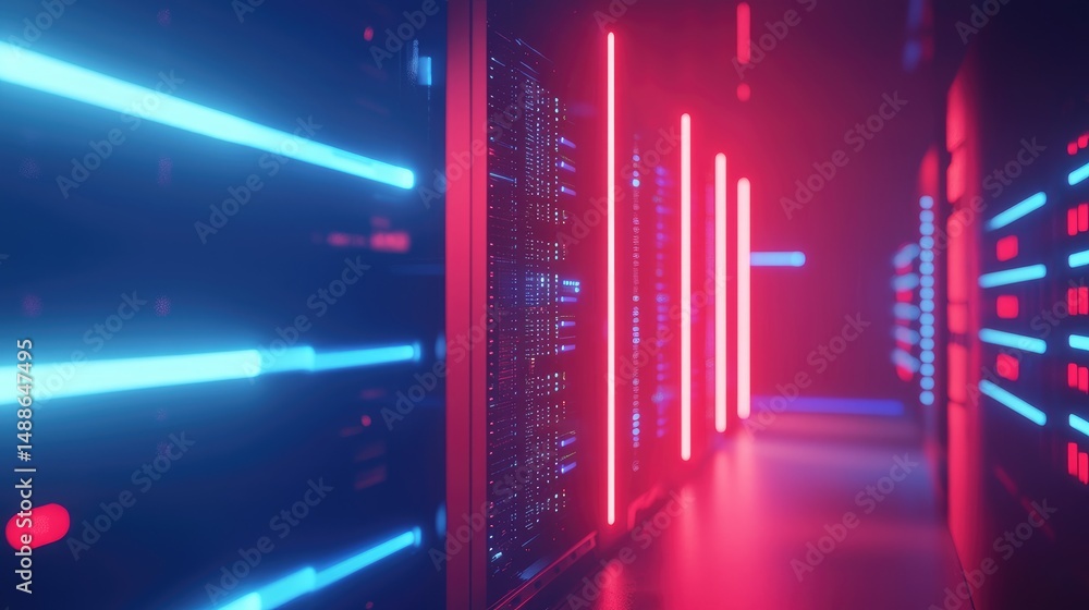 Poster 3D render of high-tech data servers with striking red and blue neon lights in a futuristic corridor, perfect for cloud, AI, cybersecurity, and digital infrastructure use cases