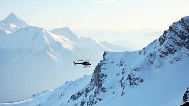 Flight over the snow-capped mountains. Winter Hike Extreme