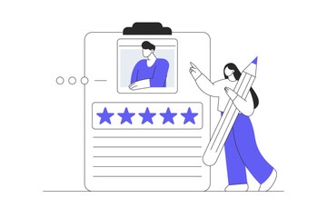 Businesswoman painting star on candidate profile highlighting top talent marking exceptional visual recognition standout hires. Flat Cartoon Vector Illustration, icon. Stylish abstract design landing 