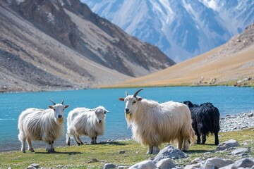 Fototapeta premium Grazing cashmere pashmina wool goats near a serene lake in Ladakh during daylight, Cashmere pashmina wool goats in Ladakh graze near mountain lake