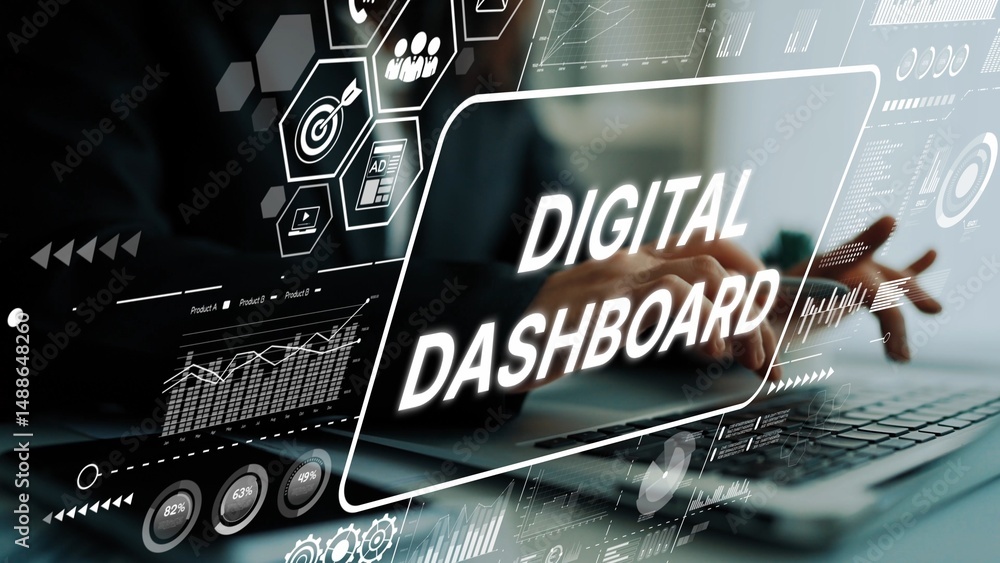 Poster Digital Dashboard Interface with Data Visualizations and Analytics for Modern Business Management. Asymptotic smart data analytic.