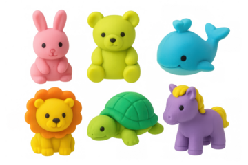 Six colorful animal erasers including a rabbit, bear, whale, lion, turtle, and pony are displayed on a transparent background