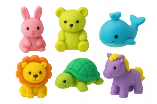 Six colorful animal erasers including a rabbit, bear, whale, lion, turtle, and pony are displayed on a transparent background - Powered by Adobe