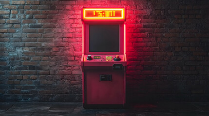 Pink arcade game machine stands out against a brick wall with neon lighting