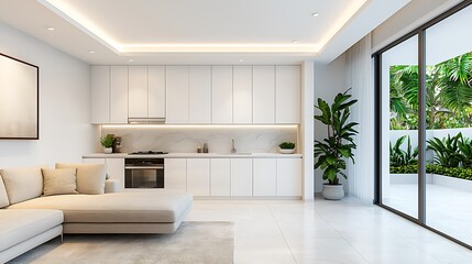 Fototapeta premium Modern Living Space: Bright Interior Design with White Kitchen Cabinets, Neutral Sofa, Natural Light, and Greenery Views.