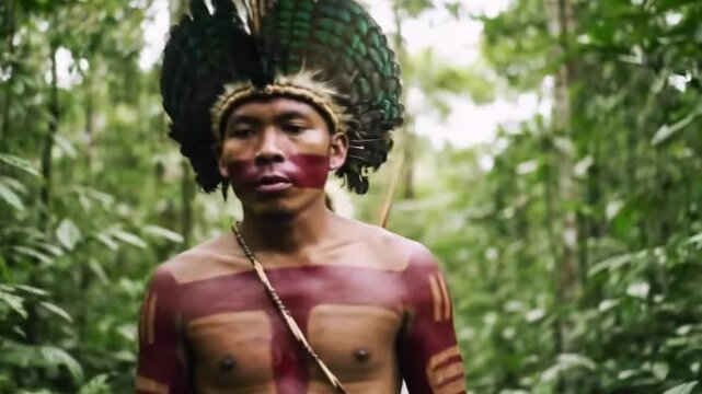 Amazon rainforest tribe member portrait native culture indigenous people tribal face paint headdress