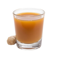 A vibrant shot glass filled with golden ginger juice sits beside a fresh ginger root against a clean white backdrop, highlighting natural wellness benefits.
