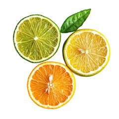Fototapeta premium Bright citrus fruits in vibrant colors isolated on Transparent background for fresh recipes and beverages, orange lemon lime bergamot isolated on PNG background