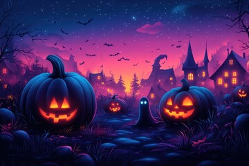 Halloween night with glowing pumpkins and spooky atmosphere in a mysterious landscape