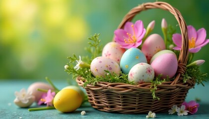 Decorated Easter eggs in a basket with spring flowers , decoration, symbol, painted eggs