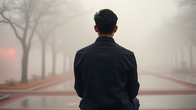 rear view of a man enjoying foggy weather 