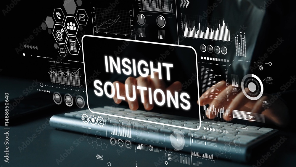 Poster business professional analyzing data with digital charts and graphs showcasing insight solutions tec