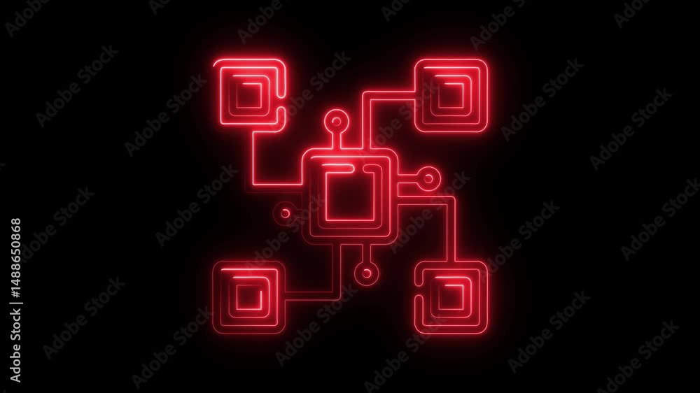 Poster animated neon red glowing abstract digital network structure with square shapes on a black backgroun