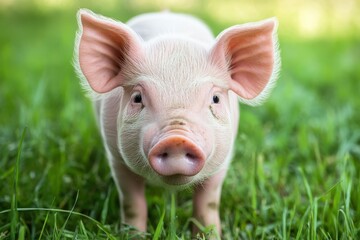 Pig grazing peacefully in a lush green field under a clear blue sky during daytime, A pig grazing