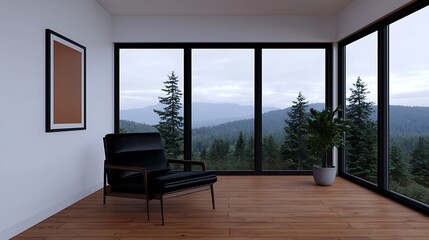 Fototapeta premium Serene Living Room Interior Featuring a Modern Chair, Picture Frame, Large Windows, and Mountain View.