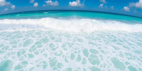 Vast turquoise waves crashing on Punta Cana's pristine white sand beach, panoramic view,  getaway,  sea