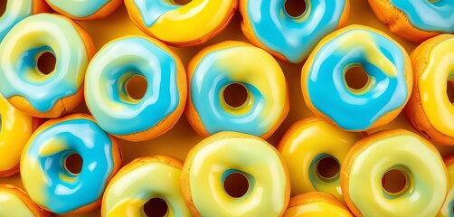 Fototapeta premium Vector background of glazed donuts in blue and yellow, ideal for postcards, graphic design, dessert background