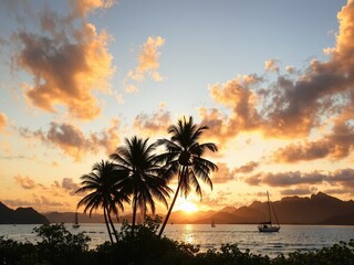 Tropical Island Paradise at Sunset with Sailboats