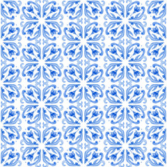 Fototapeta premium Seamless pattern on a white background. Hand drawn watercolor painted baroque blue scrolls, flowers and snowflakes 