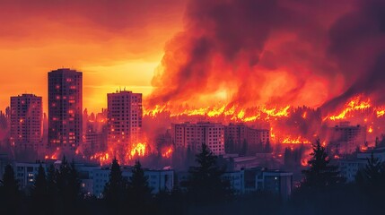 Fototapeta premium Blazing wildfire near residential area