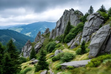 Obraz premium Hiking trail winding through majestic rock formations in the black forest