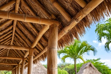 Bamboo structure supporting thatched roof in tropical setting