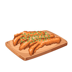 Chinese-style phoenix claws served on wooden board with green herbs and sesame. Crispy glazed chicken feet. Cartoon vector illustration for dim sum menu, packaging, or food blog