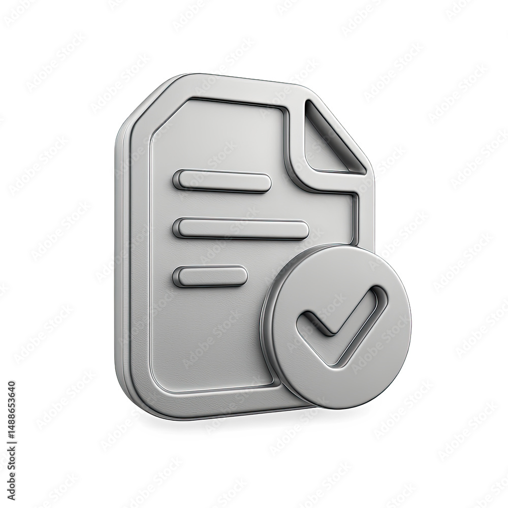 Poster silver 3d document icon with checkmark on dark background