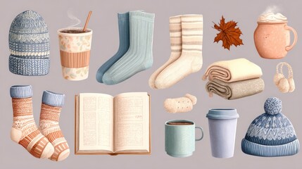 Cozy autumn/winter items hats, socks, mugs, blankets, books, and hot drinks