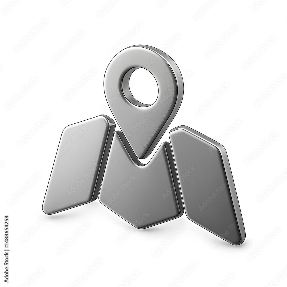 Poster silver 3d map pin and folded map icon on gray background