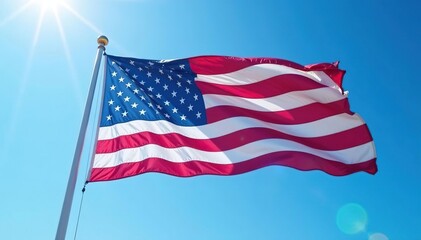 Waving American flag against clear blue sky, sunny day , flag, scenic, blue