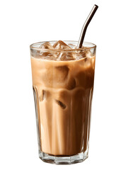 A refreshing iced coffee beverage with metal straw served in tall clear glass featu visible condensation and ice cubes, presented against a pure white backdrop.