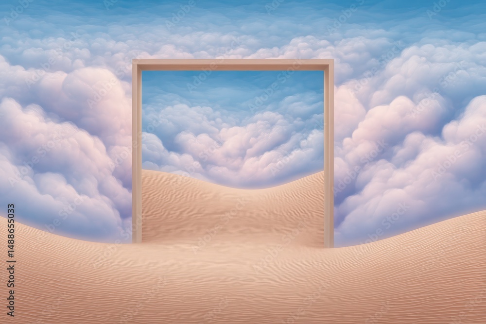 Poster 3d render, surreal desert landscape with white clouds going into the square portals on sunny day. mo